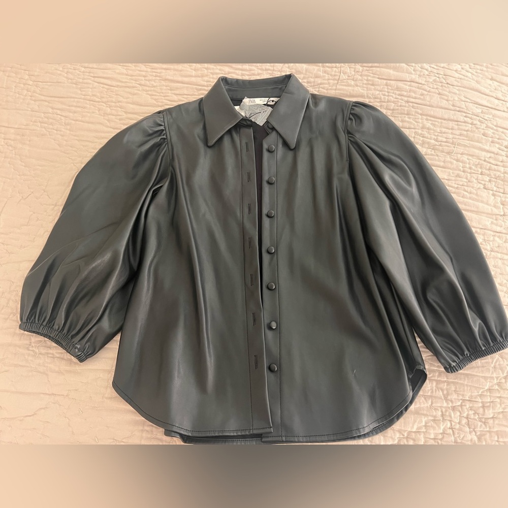 Zara Black Button-Up Faux Leather Blouse Jacket small NWT